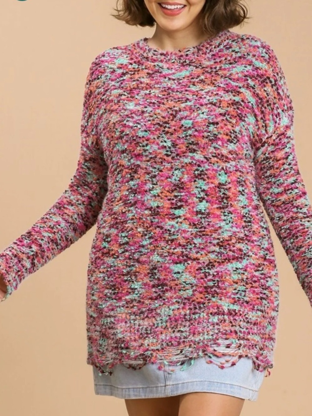 Umgee Full Size Distressed Hem Multicolored Round Neck Knit Tunic Dress